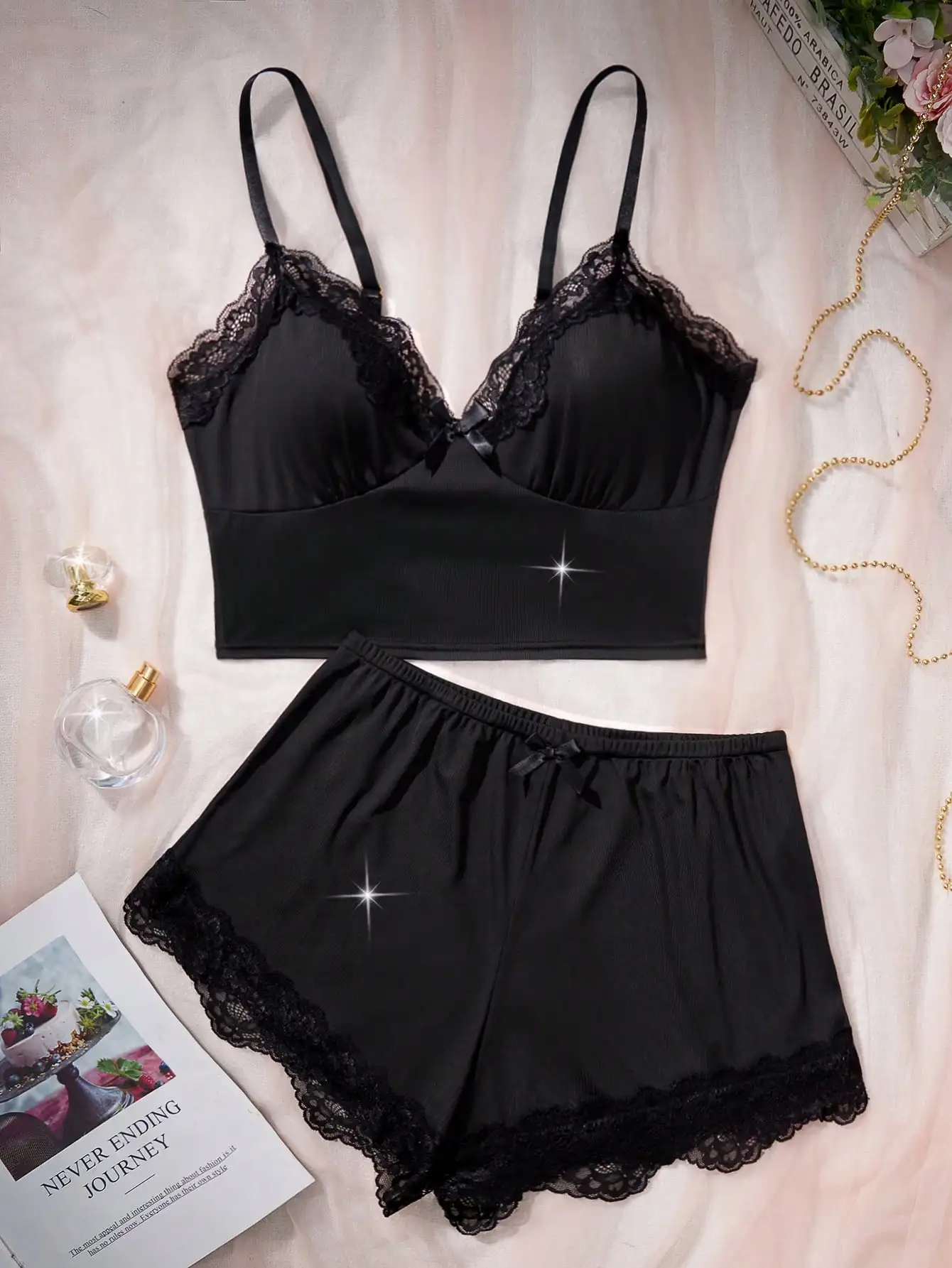 Black Lace Trim Bralette & Shorts Set with Bow Detail Comfortable Sleepwear
Black Lace Trim Bralette & Shorts Set with Bow Detail Comfortable Sleepwear