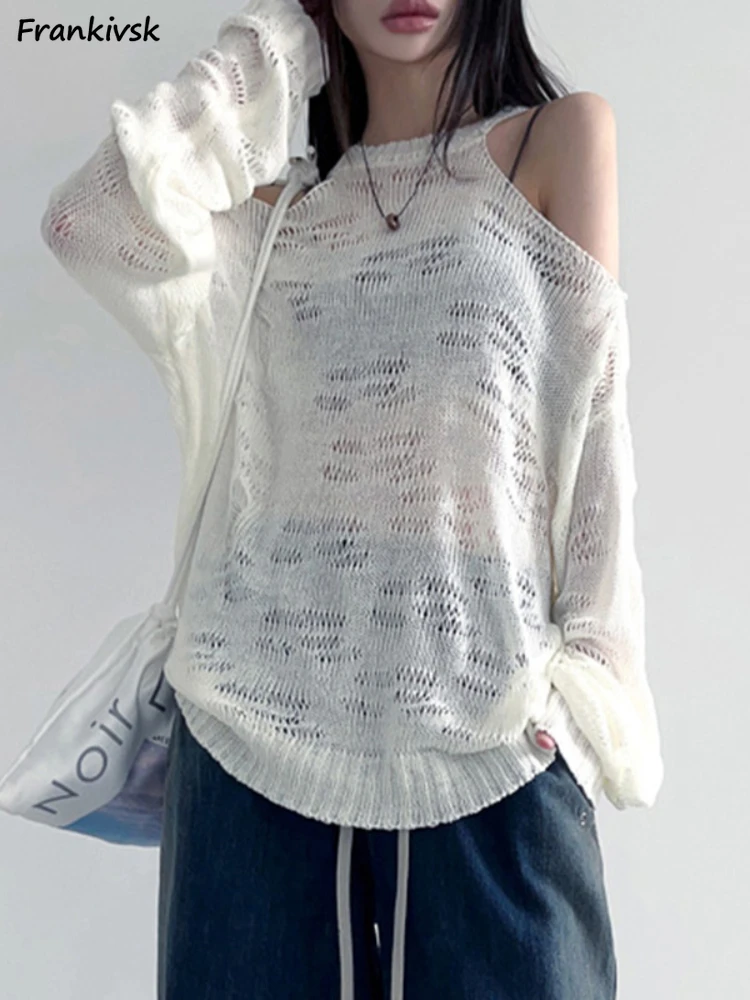 Hollow Out Pullovers Women Thin Summer Sexy All-match Hotsweet Halter Hole Y2k Stylish Off Shoulder Loose Simple Breathable Chic
Hollow Out Pullovers Women Thin Summer Sexy All-match Hotsweet Halter Hole Y2k Stylish Off Shoulder Loose Simple Breathable Chic