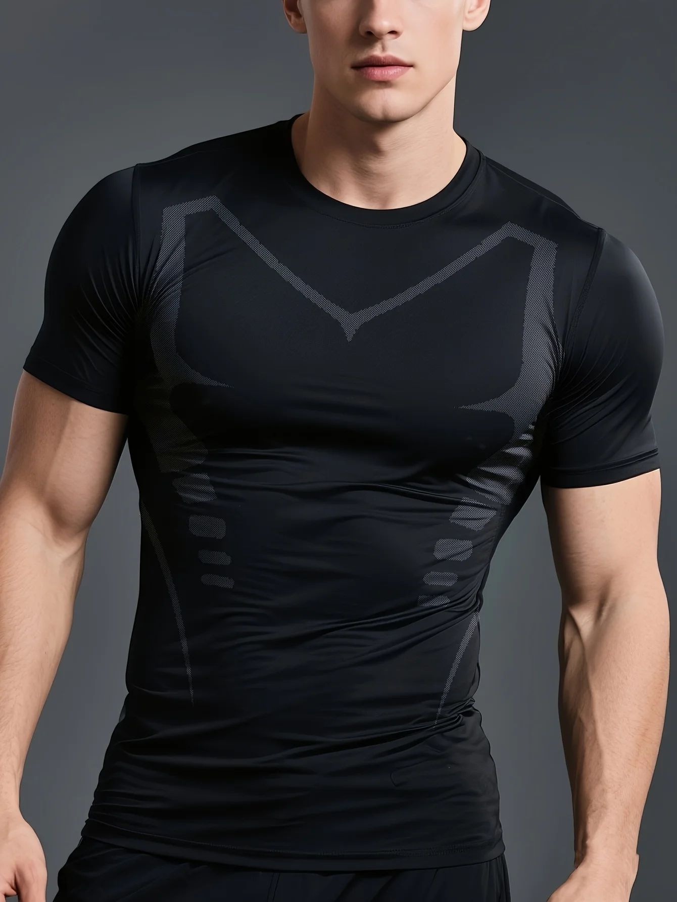 Men's sports compression printed T-shirt. The fabric features elasticity, breathability, and is suitable for fitness and cycling
Men's sports compression printed T-shirt. The fabric features elasticity, breathability, and is suitable for fitness and cycling