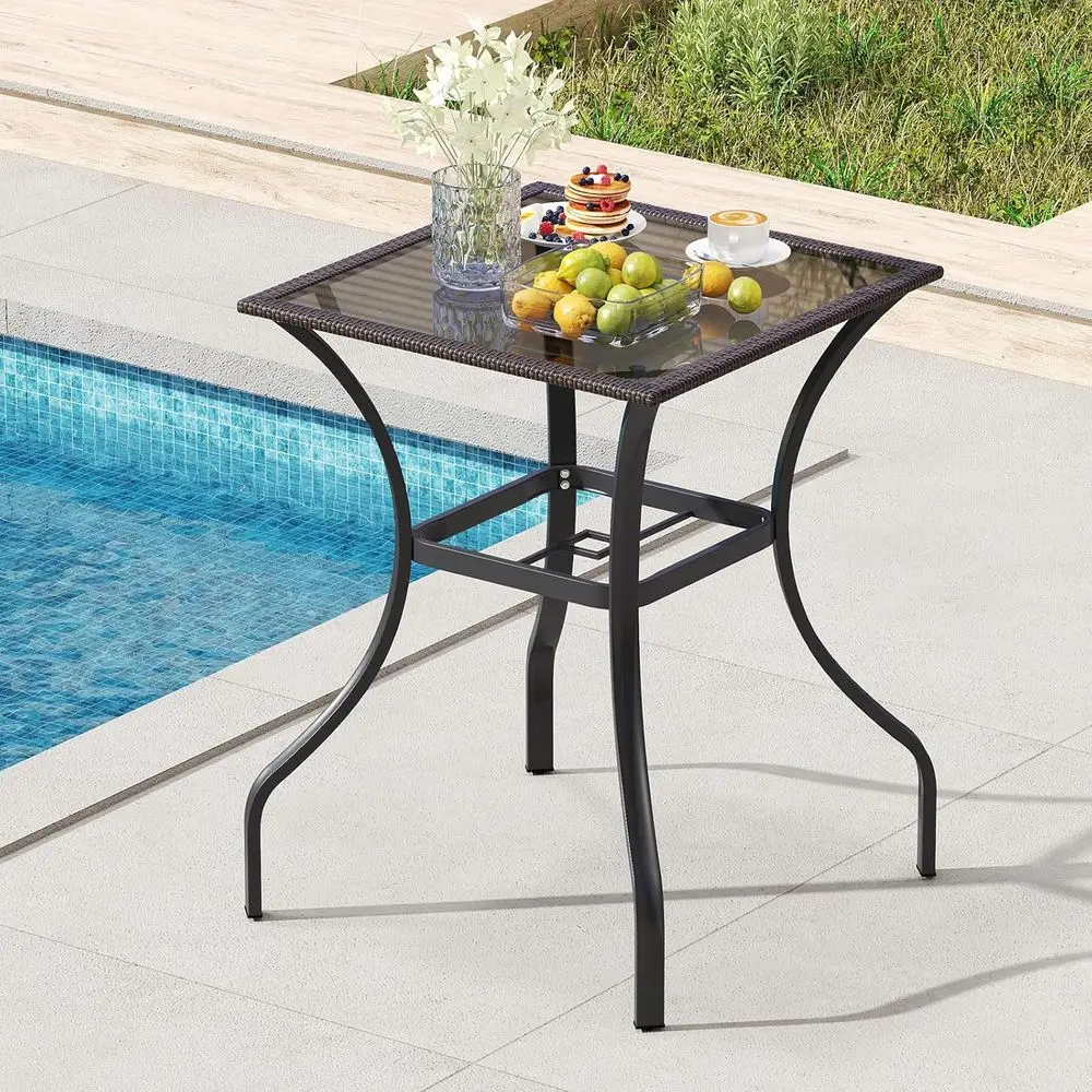 Outdoor Patio Bar Table, 28.5 Square, 2 Umbrella Hole, Silk Glass Top, Rattan Edge, Metal Legs
Outdoor Patio Bar Table, 28.5 Square, 2 Umbrella Hole, Silk Glass Top, Rattan Edge, Metal Legs