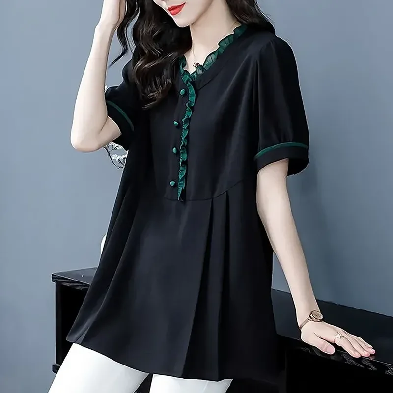 Новая летняя повседневная рубашка большого размера с оборками, женская свободная универсальная пуловер с короткими рукавами и v-образным вырезом, топы, женская элегантная блузка
Новая летняя повседневная рубашка большого размера с оборками, женская свободная универсальная пуловер с короткими рукавами и v-образным вырезом, топы, женская элегантная блузка