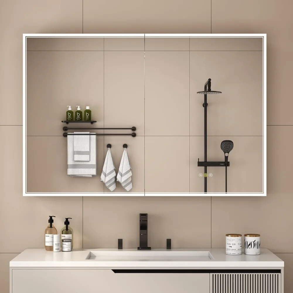 48x32 inch dual door aluminum bathroom LED with mirror medicine cabinet, tri color dimmer, defogger, socket, and USB
48x32 inch dual door aluminum bathroom LED with mirror medicine cabinet, tri color dimmer, defogger, socket, and USB