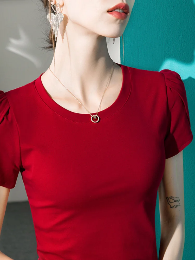 French Style Lotus Leaf Short Sleeved For Women, Slim Fit 2025 Spring/Summer New Item, Bubble Sleeve Round Neck Top, Summer
French Style Lotus Leaf Short Sleeved For Women, Slim Fit 2025 Spring/Summer New Item, Bubble Sleeve Round Neck Top, Summer
