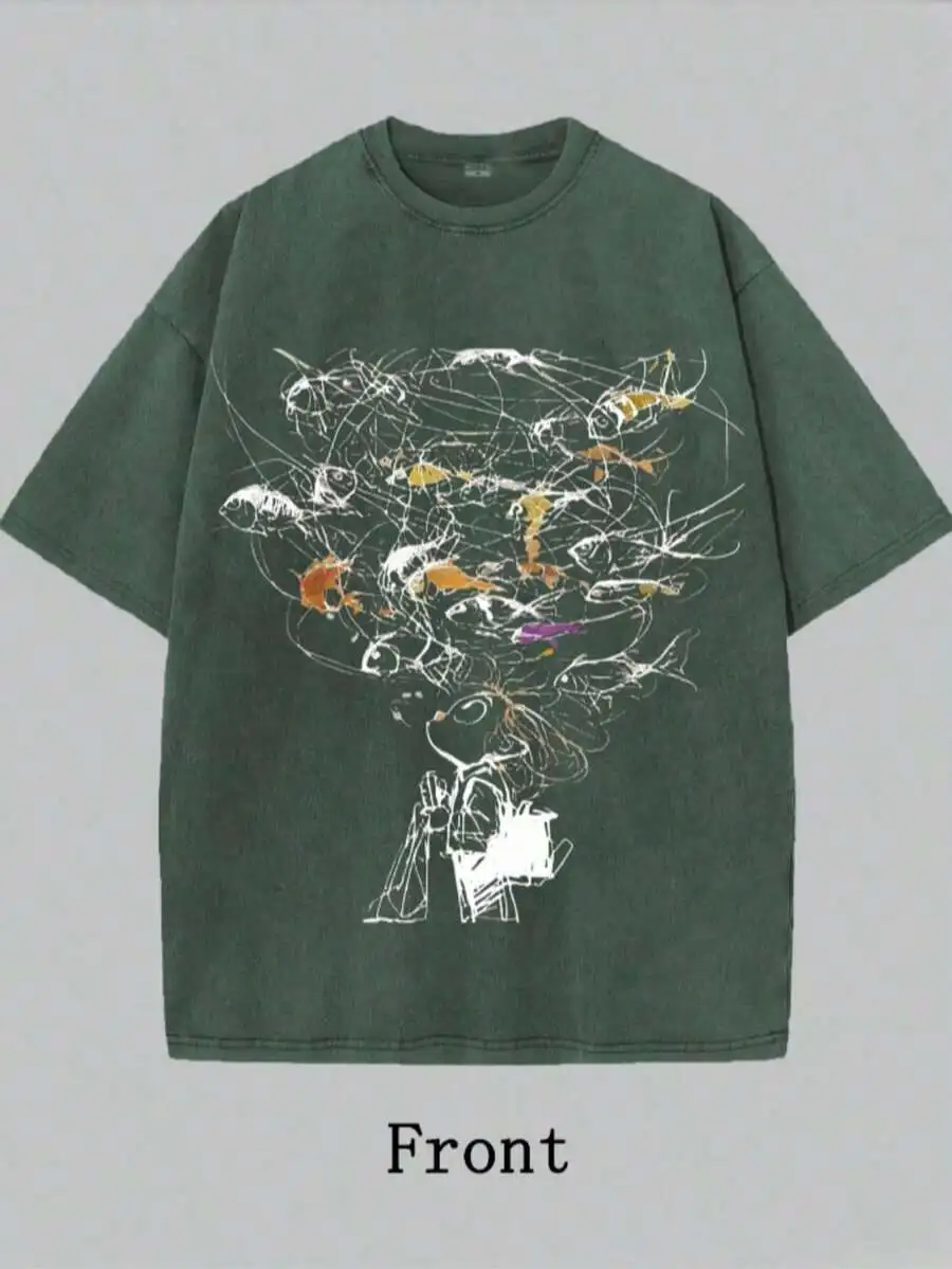 Men Vintage Washed Graphic Tee With Abstract Art Print Casual Streetwear Top
Men Vintage Washed Graphic Tee With Abstract Art Print Casual Streetwear Top