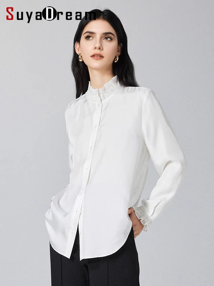 SuyaDream, Женские однотонные блузки, 100% натуральный шелк, с воротником-стойкой и оборками, белые, элегантный топ Весна-Лето 2026
SuyaDream, Женские однотонные блузки, 100% натуральный шелк, с воротником-стойкой и оборками, белые, элегантный топ Весна-Лето 2026