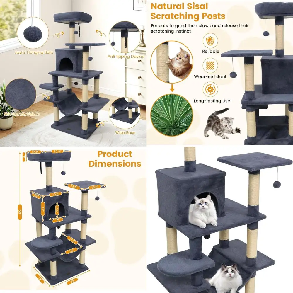 58 Indoor Cat Tree with Sisal Posts, Condo, Hammock, Balls, Platforms, and Top Perch in Dark Grey
58 Indoor Cat Tree with Sisal Posts, Condo, Hammock, Balls, Platforms, and Top Perch in Dark Grey