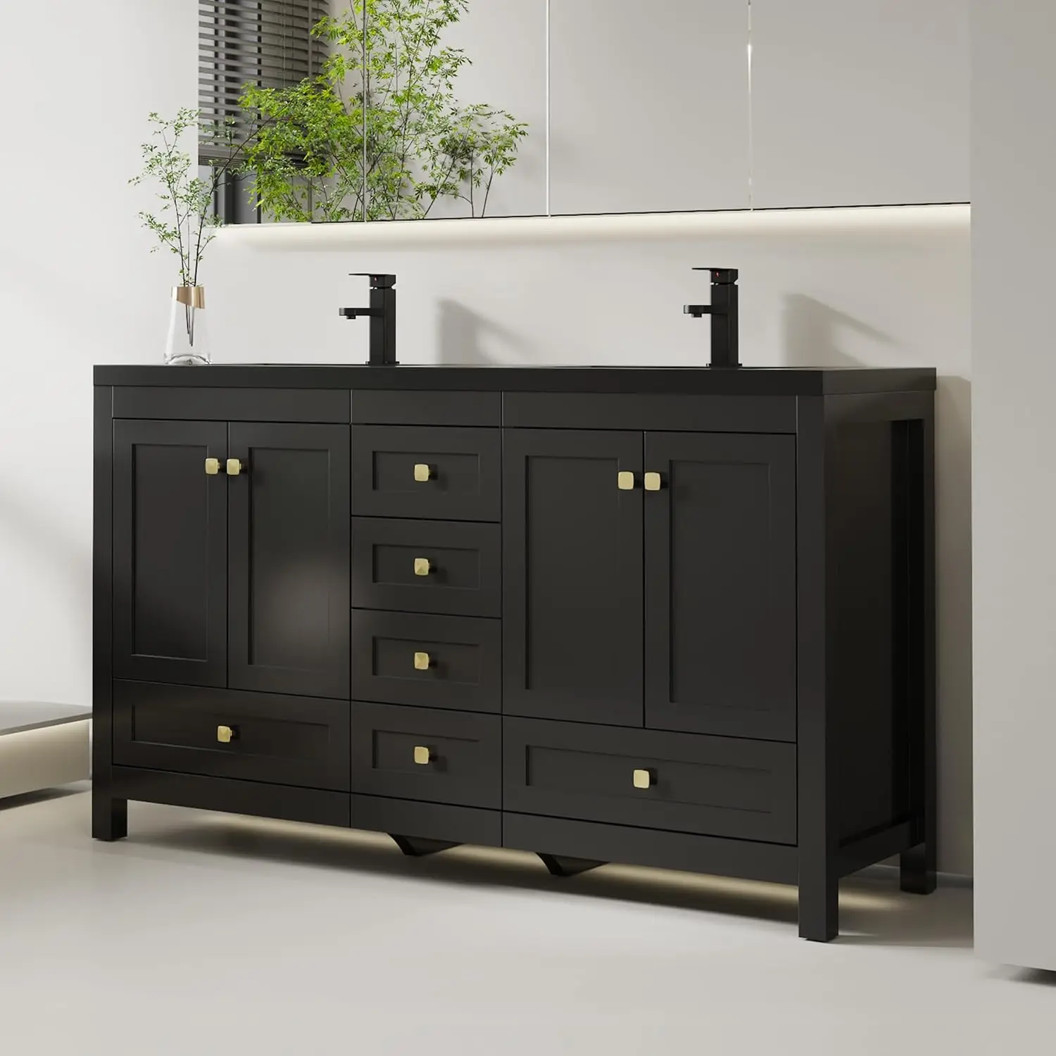 60" Double Sink Bathroom Vanity Combo Modern Freestanding Cabinet Storage Undermount Black w/ Faucet Drain, Customized
60" Double Sink Bathroom Vanity Combo Modern Freestanding Cabinet Storage Undermount Black w/ Faucet Drain, Customized