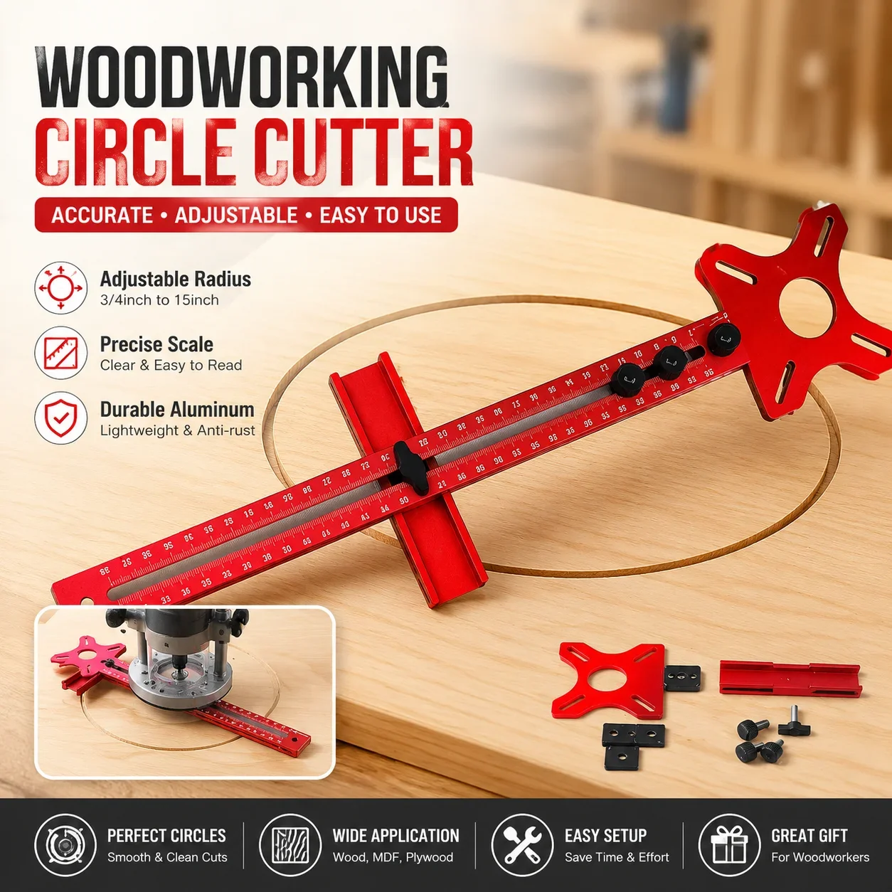 3 in 1 Router Milling Groove Bracket for Woodworking Circular Cutting Jig Aluminum Router Circle Cutting Tool for Wood Crafts
3 in 1 Router Milling Groove Bracket for Woodworking Circular Cutting Jig Aluminum Router Circle Cutting Tool for Wood Crafts