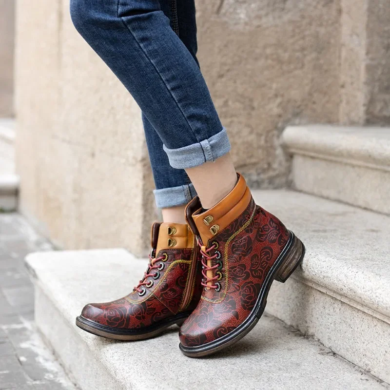 Genuine Leather Shoes Women Ankle Boots Side Zipper 2025 New Winter Cross Tied Printed Retro Square Heel Mixed Colors Boots
Genuine Leather Shoes Women Ankle Boots Side Zipper 2025 New Winter Cross Tied Printed Retro Square Heel Mixed Colors Boots