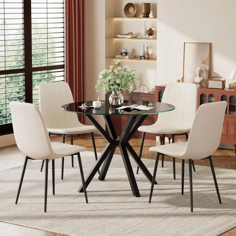 Contemporary 5-Piece Dining Set: 36 Round Black Glass Table with Beige Velvet Chairs for 4
Contemporary 5-Piece Dining Set: 36 Round Black Glass Table with Beige Velvet Chairs for 4