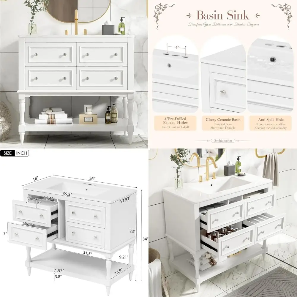 single sink 36" freestanding vanity cabinet with 4 drawers and open shelf, solid wood frame bathroom storage
single sink 36" freestanding vanity cabinet with 4 drawers and open shelf, solid wood frame bathroom storage