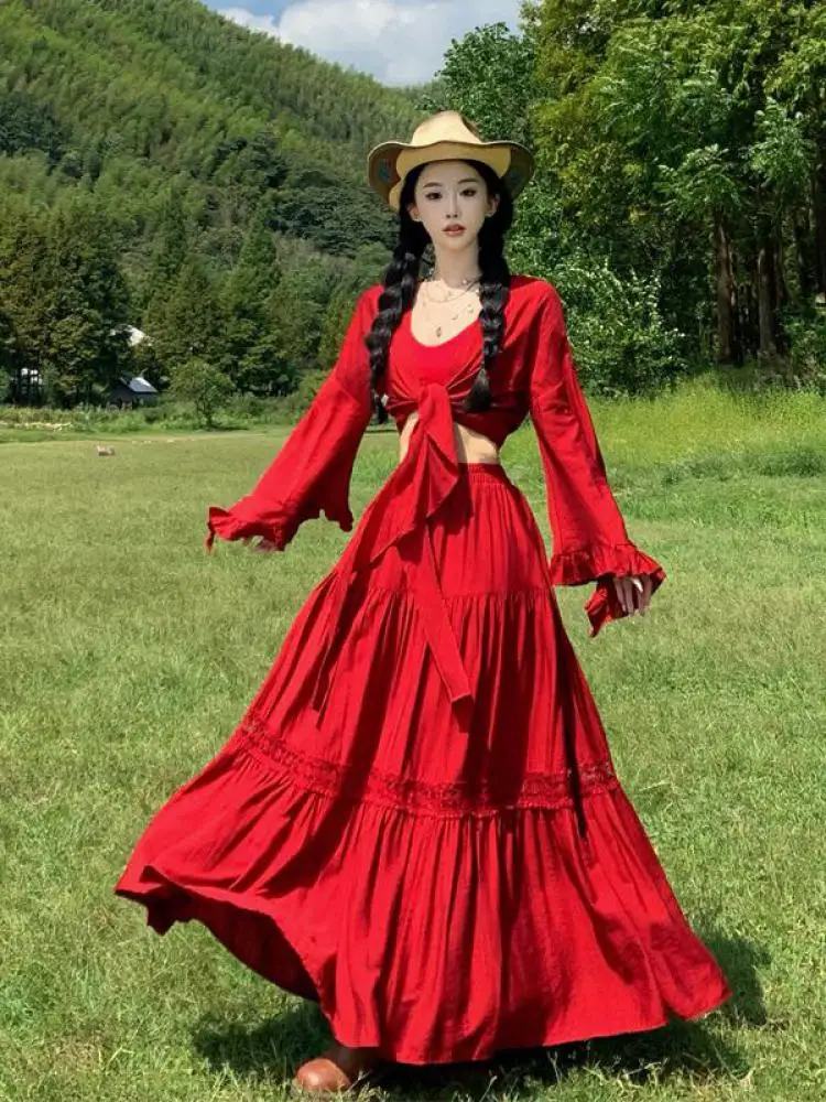 Autumn French Fashion Party Two Piece Sets Women's Red Elegant Long Sleeve Bandage Tops And High Waist Pleated A-line Skirt New
Autumn French Fashion Party Two Piece Sets Women's Red Elegant Long Sleeve Bandage Tops And High Waist Pleated A-line Skirt New