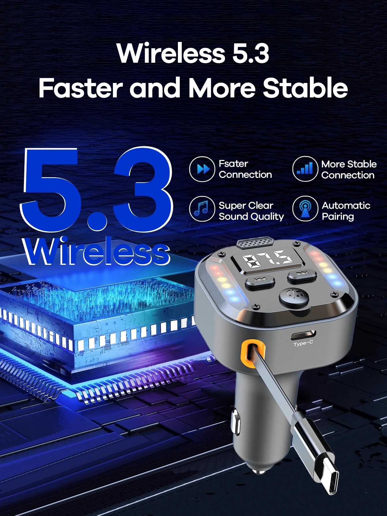 Автомобильный Bluetooth-адаптер 5.3 с быстрой зарядкой Type-C PD 30W, FM-трансмиттером, функцией громкой связи, LED-дисплеем и беспроводным AUX-приемником
Автомобильный Bluetooth-адаптер 5.3 с быстрой зарядкой Type-C PD 30W, FM-трансмиттером, функцией громкой связи, LED-дисплеем и беспроводным AUX-приемником
