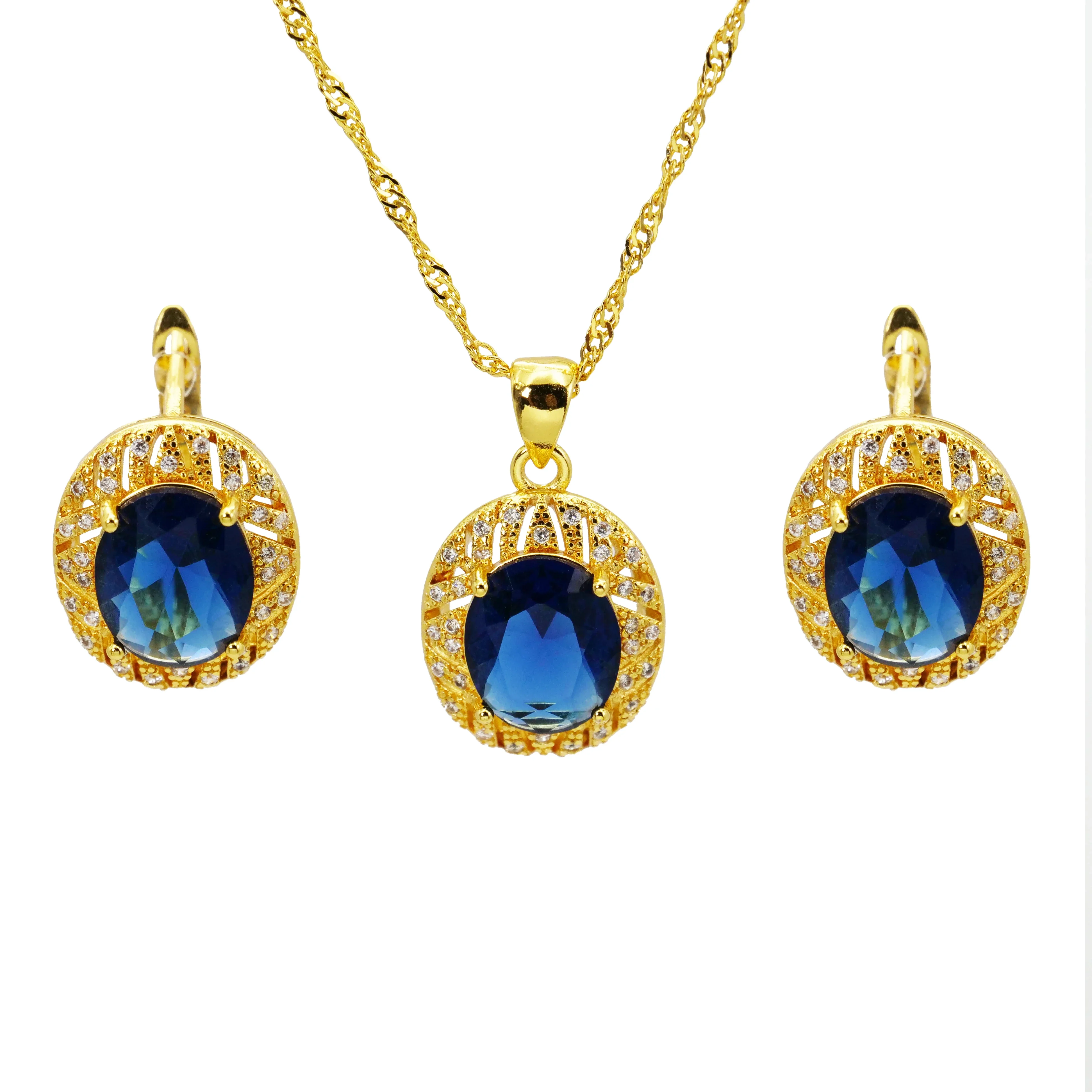 Premium Blue Round Zircon High quality Brass plated 18k gold necklace earrings Set earrings and necklaces
Premium Blue Round Zircon High quality Brass plated 18k gold necklace earrings Set earrings and necklaces