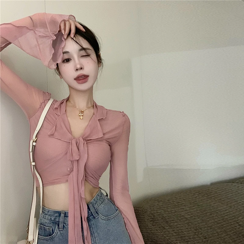 Women's Mesh Shirt Summer Sweet Spicy Girl Tie Sexy Slim Short V-neck Sun Protection Shirt Elegant Top Korean Style Long Sleeve
Women's Mesh Shirt Summer Sweet Spicy Girl Tie Sexy Slim Short V-neck Sun Protection Shirt Elegant Top Korean Style Long Sleeve