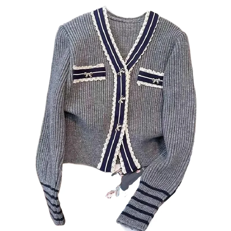 Lace Patchwork Knitted Cardigan Sweater Spring Autumn New V-neck Color Blocked Short Versatile Women Long Sleeve Top 
Lace Patchwork Knitted Cardigan Sweater Spring Autumn New V-neck Color Blocked Short Versatile Women Long Sleeve Top