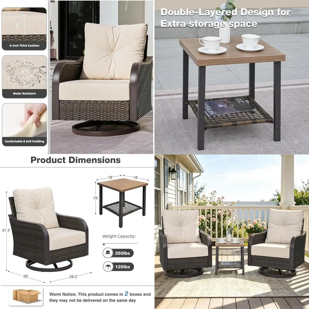 3-Piece Outdoor Wicker Swivel Rocking Chair Set with Thick Cushions and Side Table for Patio, Balcony, or Garden in Beige
3-Piece Outdoor Wicker Swivel Rocking Chair Set with Thick Cushions and Side Table for Patio, Balcony, or Garden in Beige