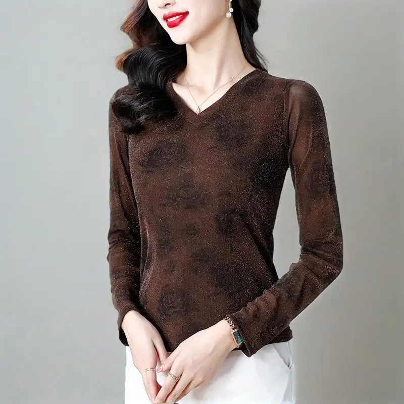 Women's Double Layer Mesh Tops Long Sleeve V-Neck Pullover Chic T-Shirts Vintage Female Base Layer Fashion Basic Tops
Women's Double Layer Mesh Tops Long Sleeve V-Neck Pullover Chic T-Shirts Vintage Female Base Layer Fashion Basic Tops