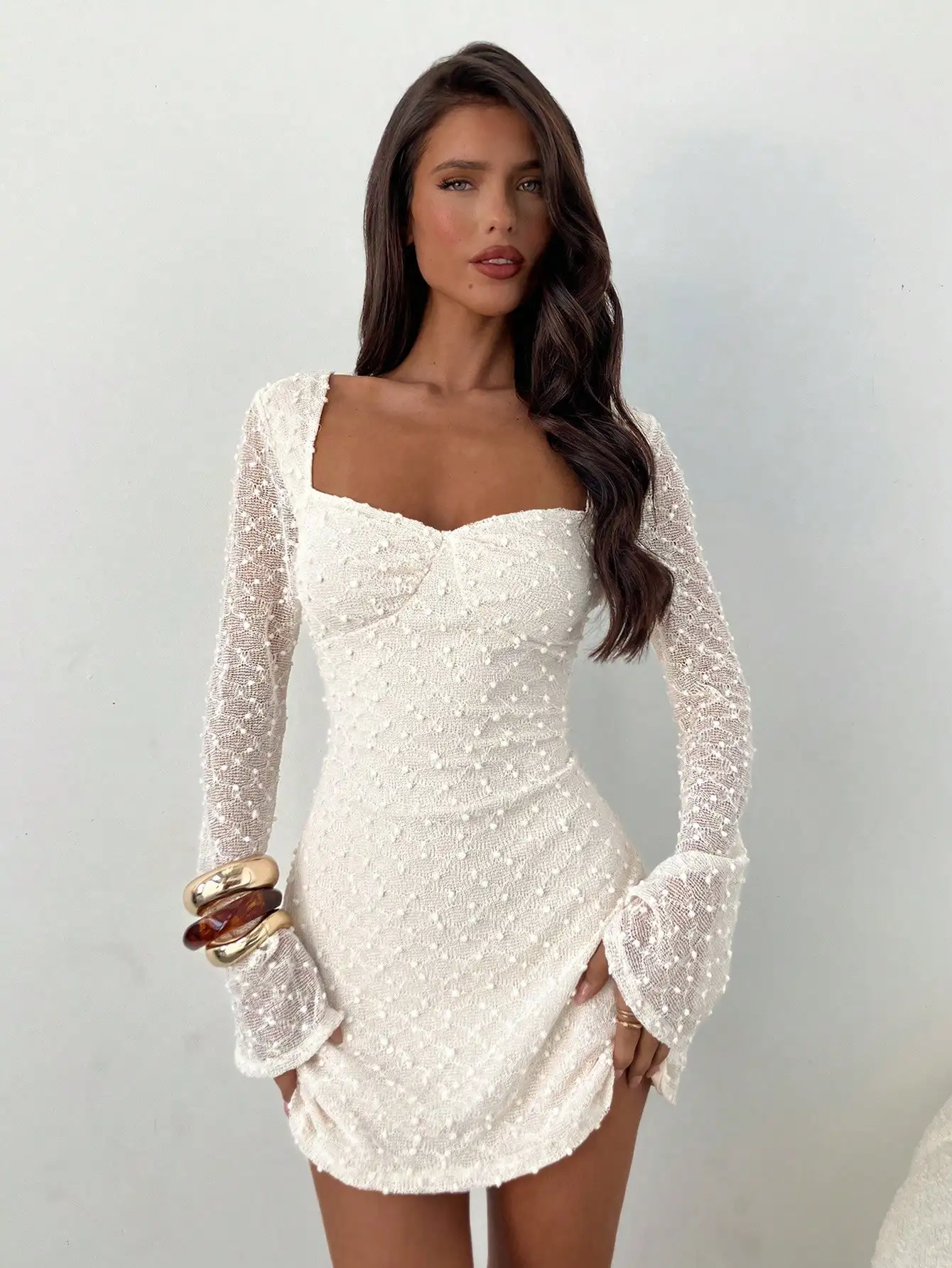 White Lace Mini Dress with Square Neck, Ruched Bodice & Flare Sleeves
White Lace Mini Dress with Square Neck, Ruched Bodice & Flare Sleeves