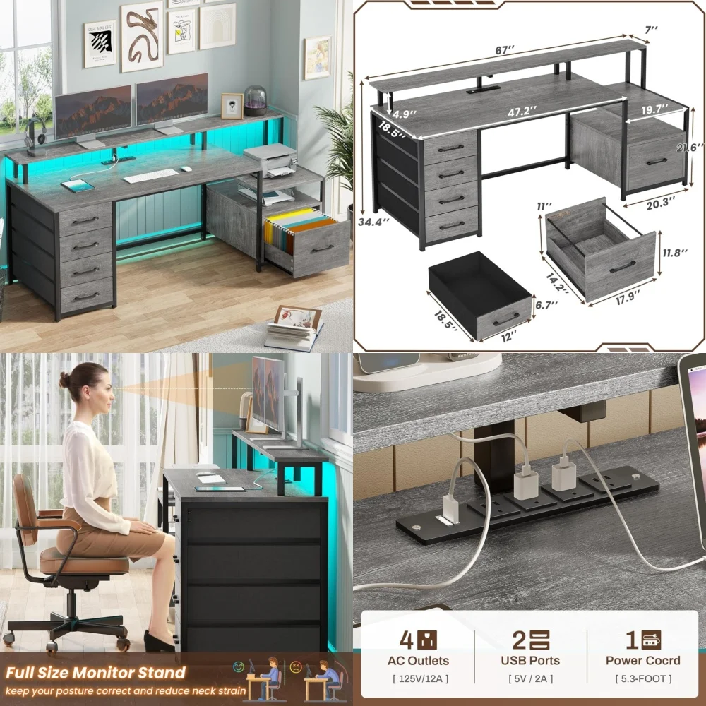 Computer DesksSpacious 66 inch home office desk with 5 drawers storage shelves and LED lighting modern workspace solution
Computer DesksSpacious 66 inch home office desk with 5 drawers storage shelves and LED lighting modern workspace solution