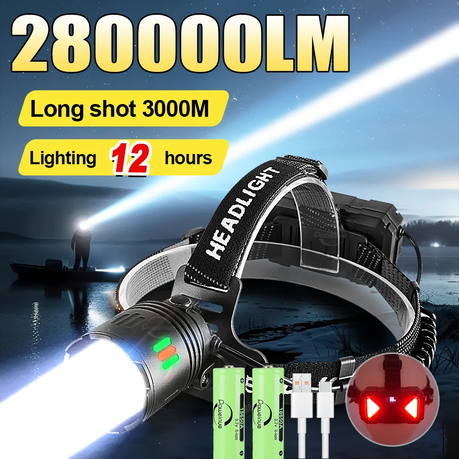 280000LM Ultra Powerful Headlamp USB Rechargeable LED Lamp Super Bright Head Flashlight Long Range Headlamp Fishing Head Light
280000LM Ultra Powerful Headlamp USB Rechargeable LED Lamp Super Bright Head Flashlight Long Range Headlamp Fishing Head Light