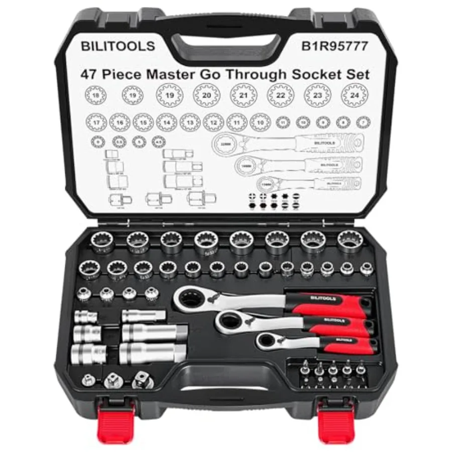 47 PCS Pass Through Socket Set with 1/4" and 3/8" and 1/2" Drive, Convertible Ratchet Wrenches 13, 19, 22mm,Spline Sockets and
47 PCS Pass Through Socket Set with 1/4" and 3/8" and 1/2" Drive, Convertible Ratchet Wrenches 13, 19, 22mm,Spline Sockets and