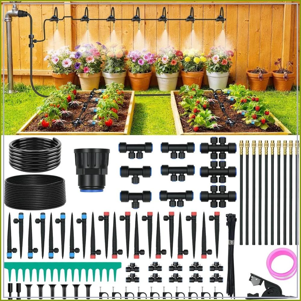 100FT Drip Irrigation Kit, Automatic Garden Watering System with Quick Connect PE Tubing, 3 Adjustable Nozzles for Yard, Greenhouse, Lawn & Raised Beds
100FT Drip Irrigation Kit, Automatic Garden Watering System with Quick Connect PE Tubing, 3 Adjustable Nozzles for Yard, Greenhouse, Lawn & Raised Beds