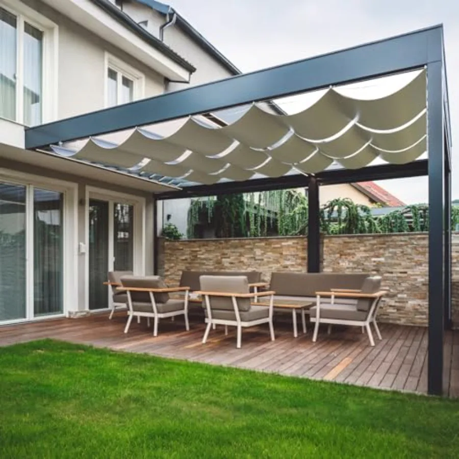 Patio garden deck trellis application, silver-coated polyester fabric, beige color, waterproof retractable sun shade canopy wit
Patio garden deck trellis application, silver-coated polyester fabric, beige color, waterproof retractable sun shade canopy wit