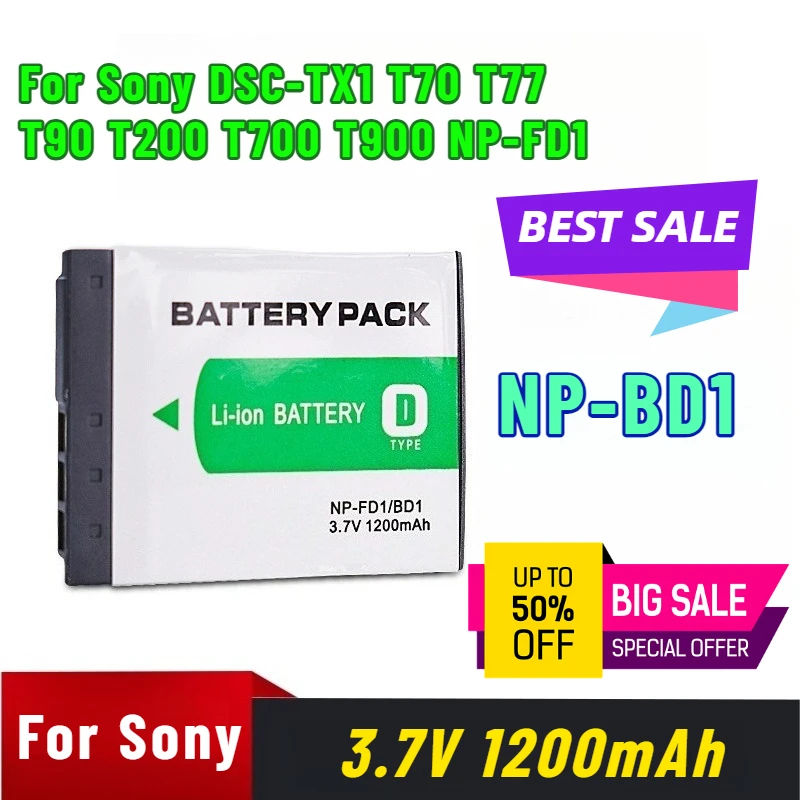 3.7V 1200mAh NP-BD1 for Sony DSC-TX1 T70 T77 T90 T200 T700 T900 NP-FD1 Camera Battery
3.7V 1200mAh NP-BD1 for Sony DSC-TX1 T70 T77 T90 T200 T700 T900 NP-FD1 Camera Battery