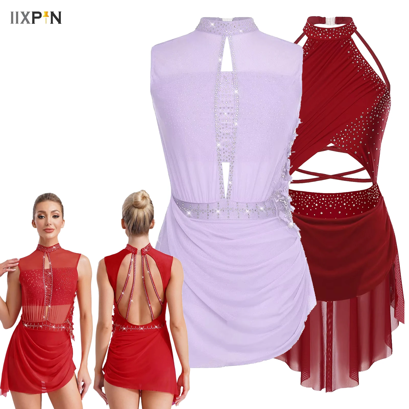 Women Applique Ballet Dance Dresses Sleeveless Cutout Sheer Mesh Overlay Rhinestones Dress Figure Skating Performance Dancewear
Women Applique Ballet Dance Dresses Sleeveless Cutout Sheer Mesh Overlay Rhinestones Dress Figure Skating Performance Dancewear