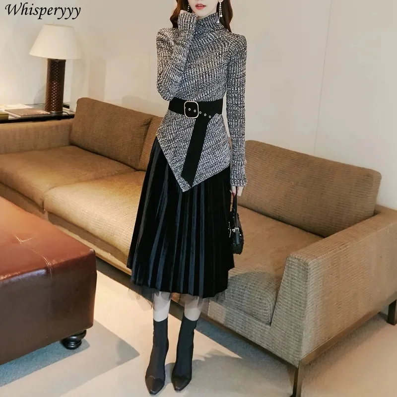 New Two Piece Set Women Elegant Outfit Fall Irregular Turtleneck Sweater with Belt and Mesh Velvet Skirt Office Ladies Suit Sexy
New Two Piece Set Women Elegant Outfit Fall Irregular Turtleneck Sweater with Belt and Mesh Velvet Skirt Office Ladies Suit Sexy