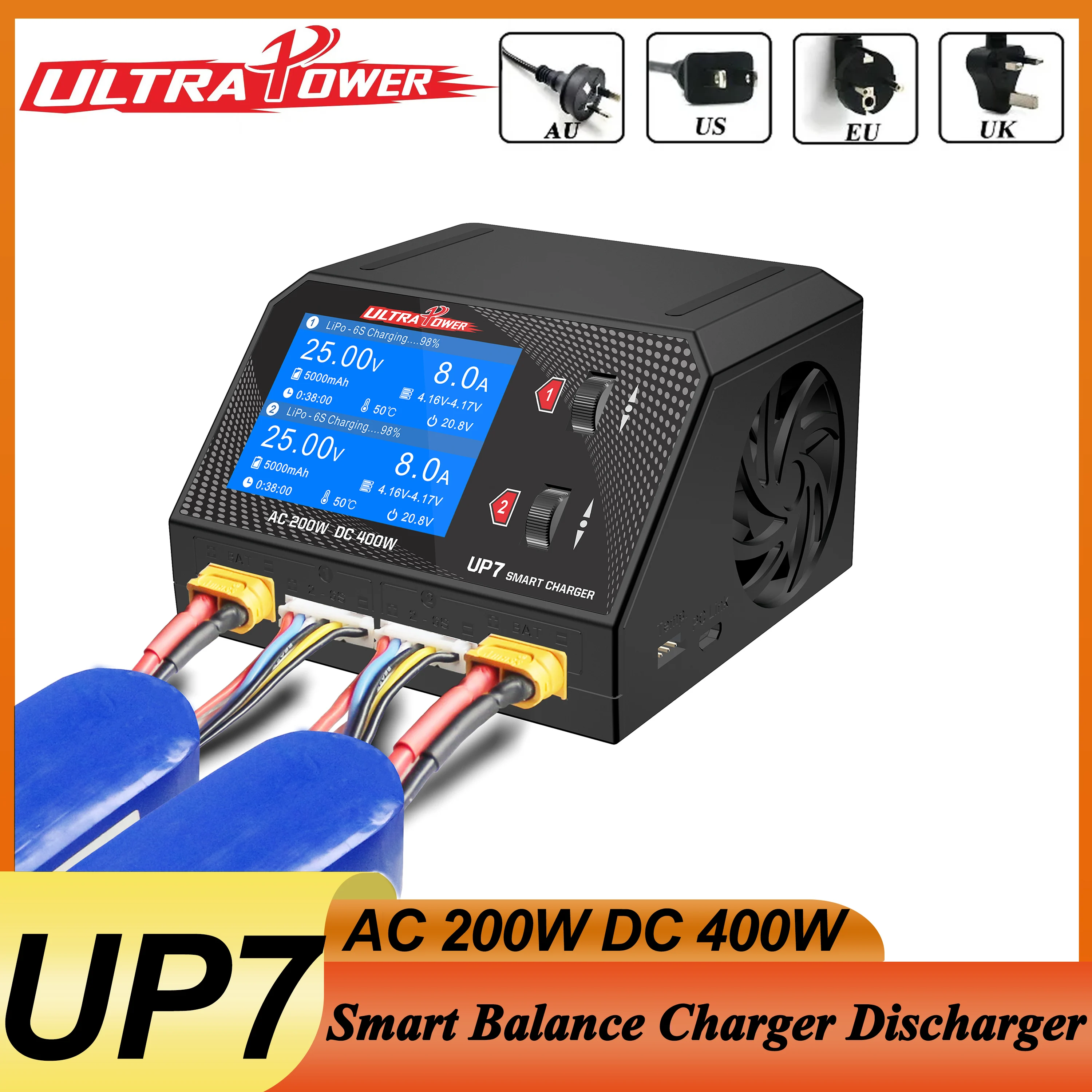 UltraPower UP7 AC 200W DC 400W Двухканальный аккумулятор 10A Смарт-балансирующее зарядное устройство Разрядное устройство ЖК-дисплей для модели 1~6S Lipo LiHV Lilon LiFe
UltraPower UP7 AC 200W DC 400W Двухканальный аккумулятор 10A Смарт-балансирующее зарядное устройство Разрядное устройство ЖК-дисплей для модели 1~6S Lipo LiHV Lilon LiFe