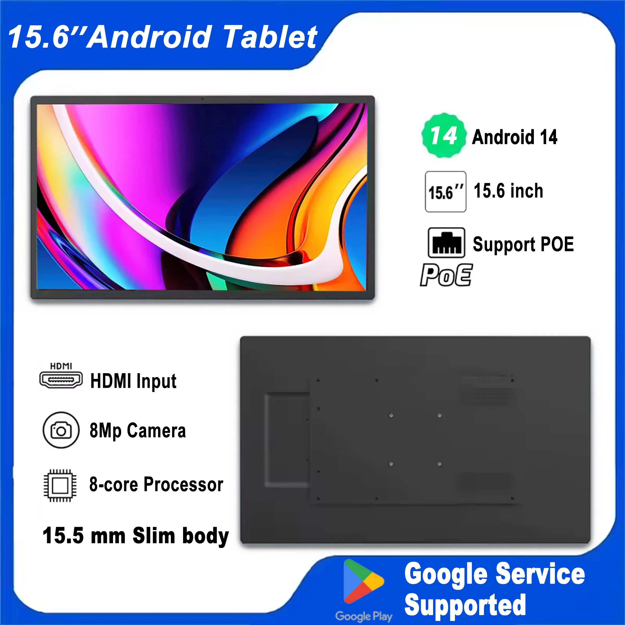 Thin Edge Android 14 Tablet POE 15.6 inch Wall mount Touch Screen 1920*1080 IPS HDMI Input Display 8MP Camera Digital Signage
Thin Edge Android 14 Tablet POE 15.6 inch Wall mount Touch Screen 1920*1080 IPS HDMI Input Display 8MP Camera Digital Signage