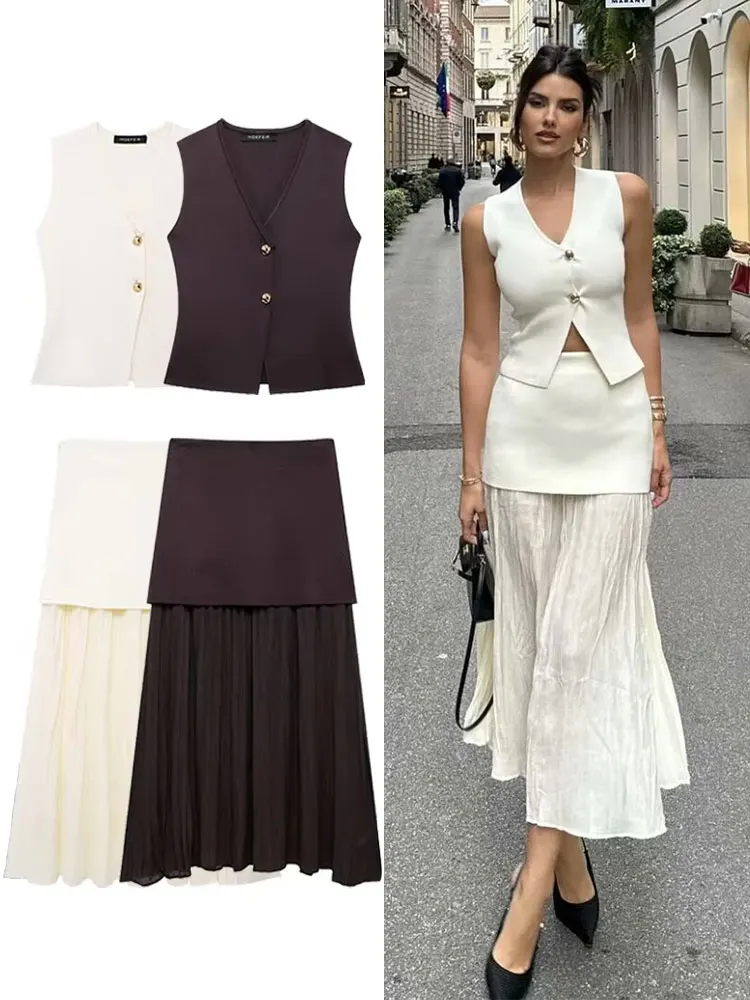 TRAFZA Women Elegant Solid Knitted Vests Skirts Suits V Neck Waistcoat Patchwork Midi Skirt Summer Casual Female 2 Piece Sets
TRAFZA Women Elegant Solid Knitted Vests Skirts Suits V Neck Waistcoat Patchwork Midi Skirt Summer Casual Female 2 Piece Sets
