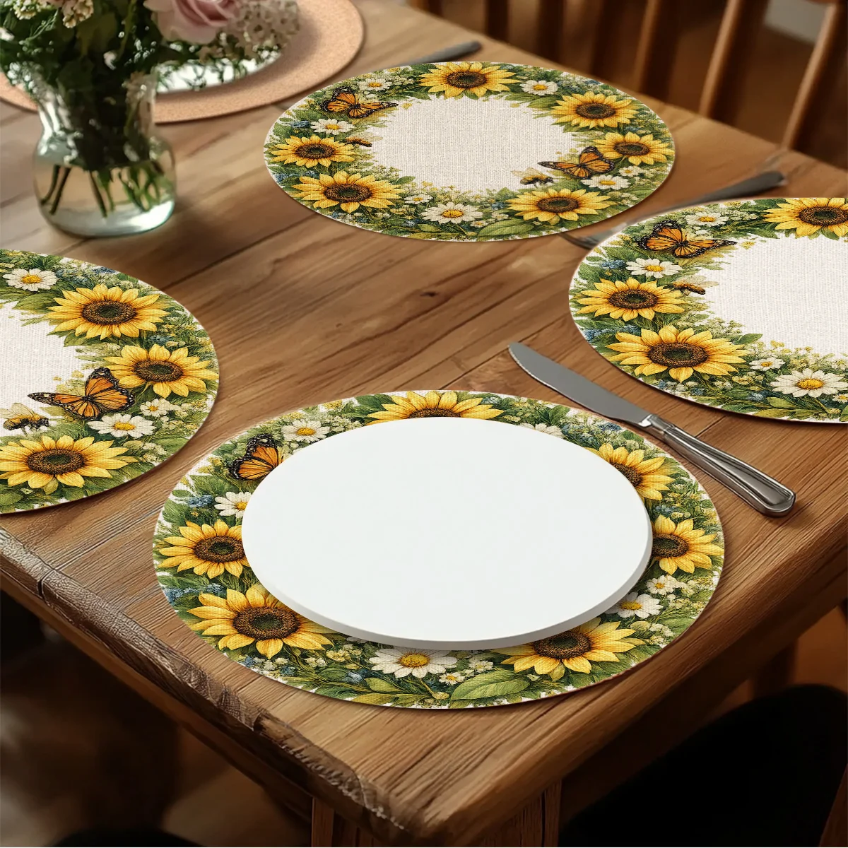 4PCS 2D flat print, sunflower daisy bee butterfly wreath pattern, suitable for living/dining/kitchen/garden, plate mat, polyester material, 15X15 inches
4PCS 2D flat print, sunflower daisy bee butterfly wreath pattern, suitable for living/dining/kitchen/garden, plate mat, polyester material, 15X15 inches