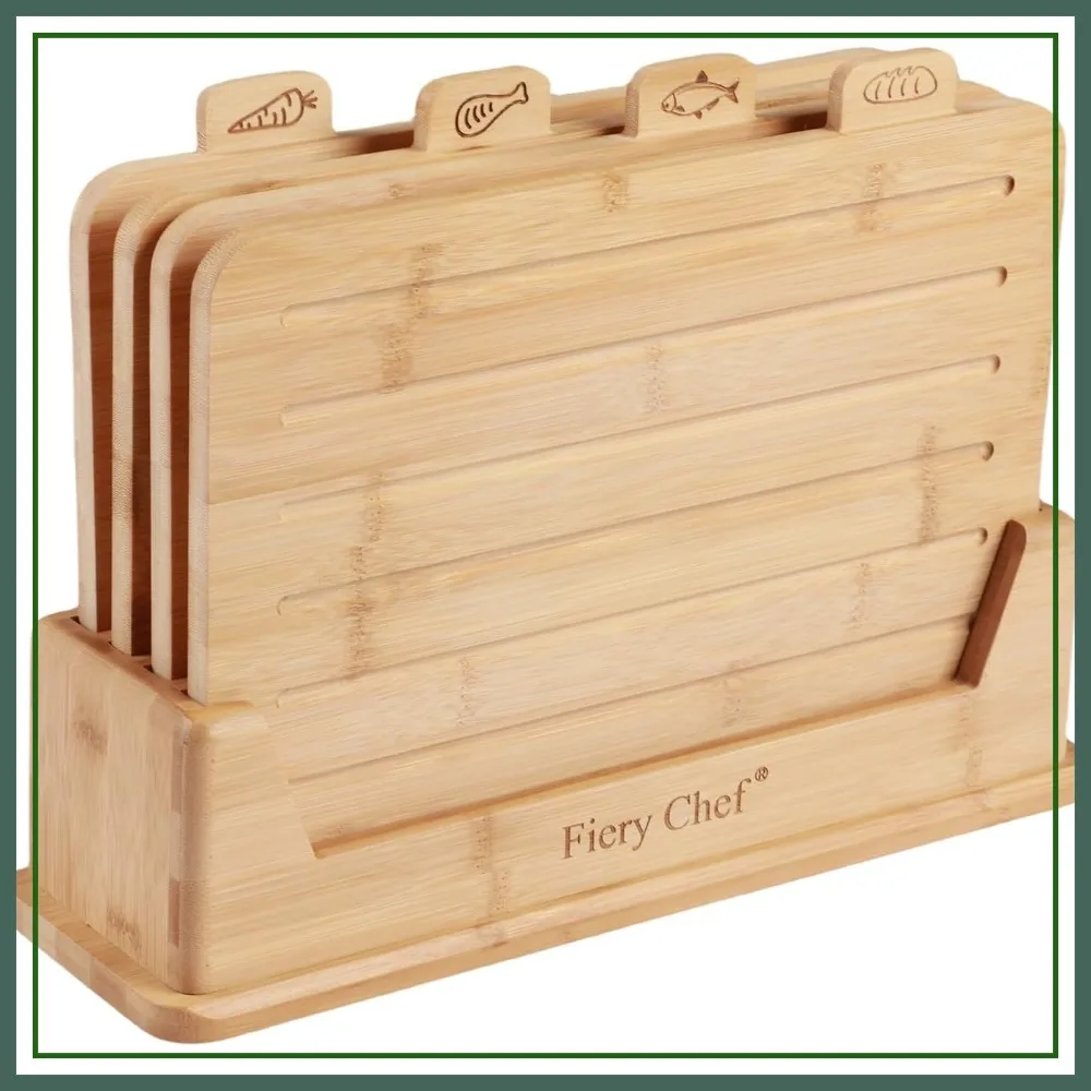 Bamboo Cutting Board Set of 4 with Holder - Chopping Boards with Juice Groove & Food Icons for Meat, Fish, Bread, Vegetables
Bamboo Cutting Board Set of 4 with Holder - Chopping Boards with Juice Groove & Food Icons for Meat, Fish, Bread, Vegetables