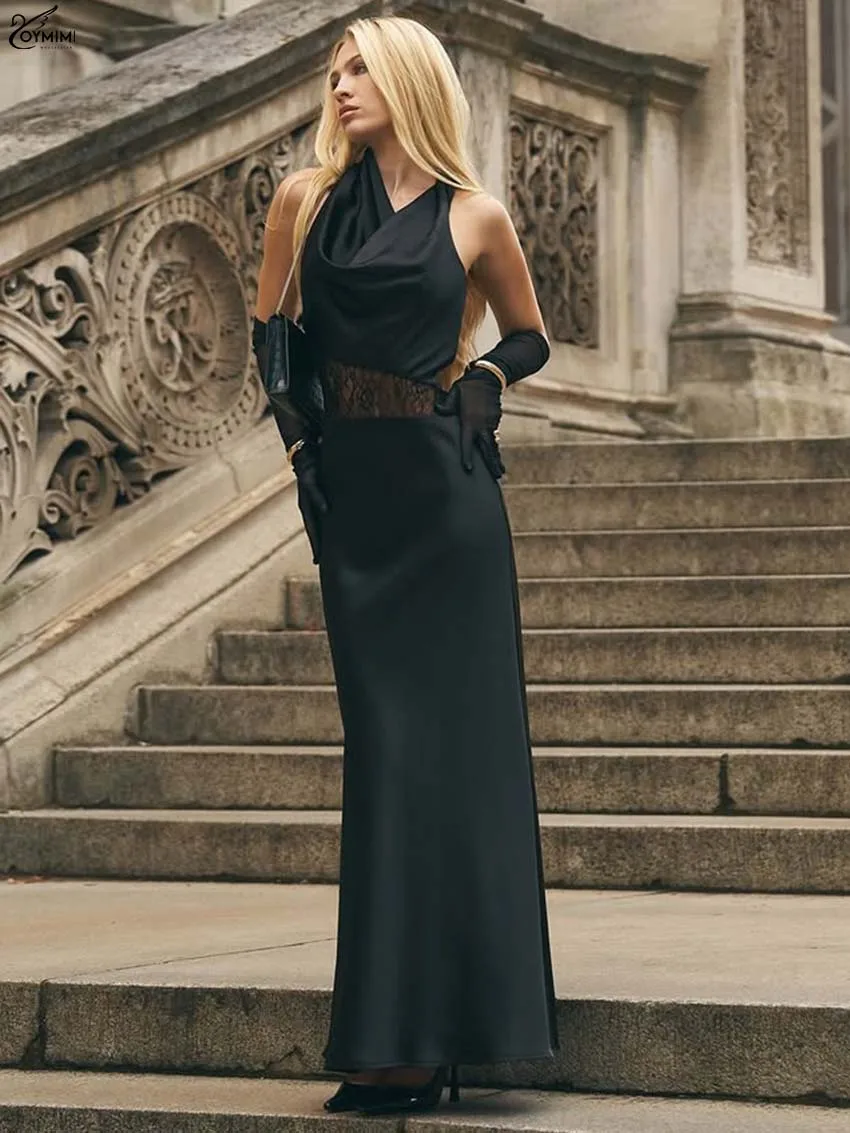 Oymimi Fashion Black Satin Dresses For Women Elegant Halter Neck Open Back Sleeveless Dress Summer Patchwork Lace Straight Dress
Oymimi Fashion Black Satin Dresses For Women Elegant Halter Neck Open Back Sleeveless Dress Summer Patchwork Lace Straight Dress