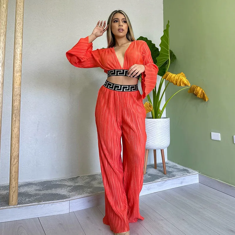 Womne's Deep V Neck Pajama Set Solid Long Sleeve Autumn Ladies Sleepwear 2 Pcs with Pant Pleated Pyjama Suit for Female 2024
Womne's Deep V Neck Pajama Set Solid Long Sleeve Autumn Ladies Sleepwear 2 Pcs with Pant Pleated Pyjama Suit for Female 2024