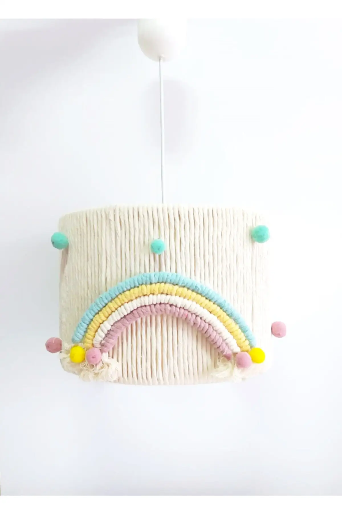 DOLBOVI ecru macrame rope wrapped colorful rainbow detailed pompom baby girl and children's room pendant chandelier
DOLBOVI ecru macrame rope wrapped colorful rainbow detailed pompom baby girl and children's room pendant chandelier