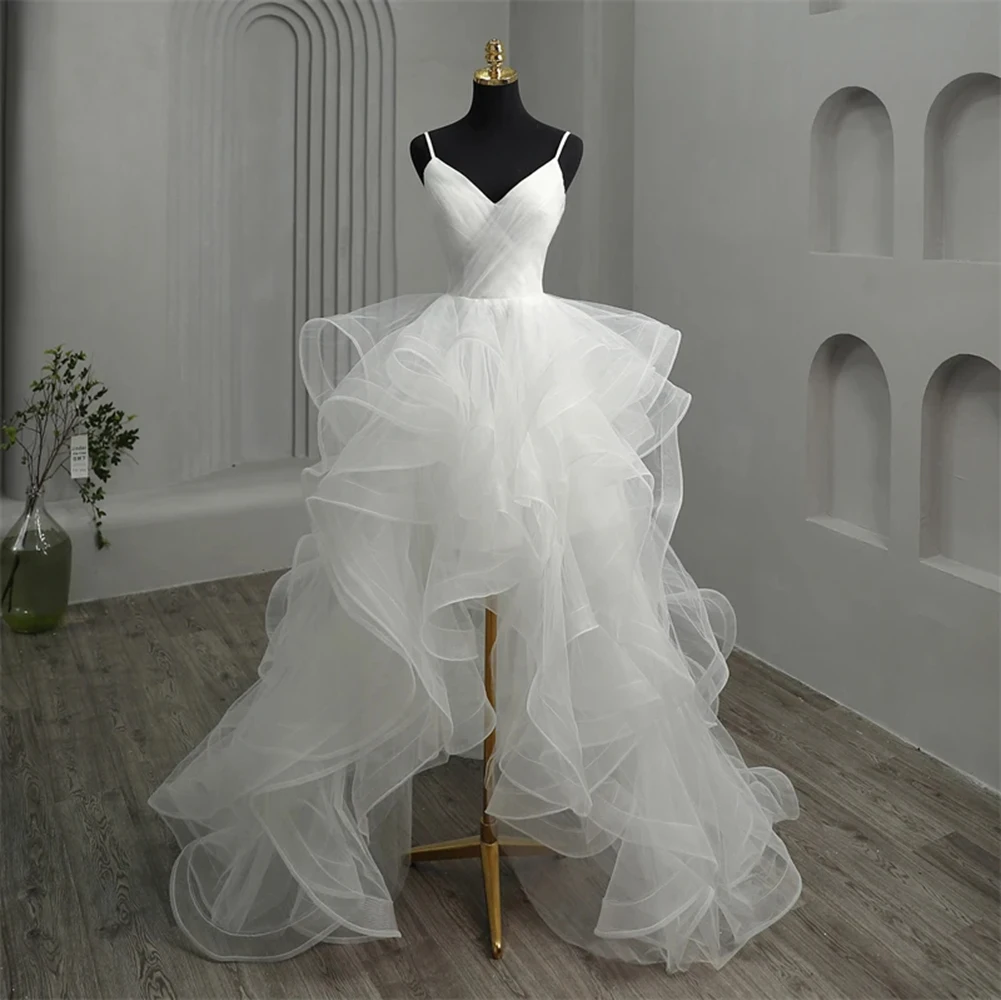 Elegant White Deep V Neck Prom Dresses Hi-Low Spaghetti Strap Tulle Wedding Dresses
Elegant White Deep V Neck Prom Dresses Hi-Low Spaghetti Strap Tulle Wedding Dresses
