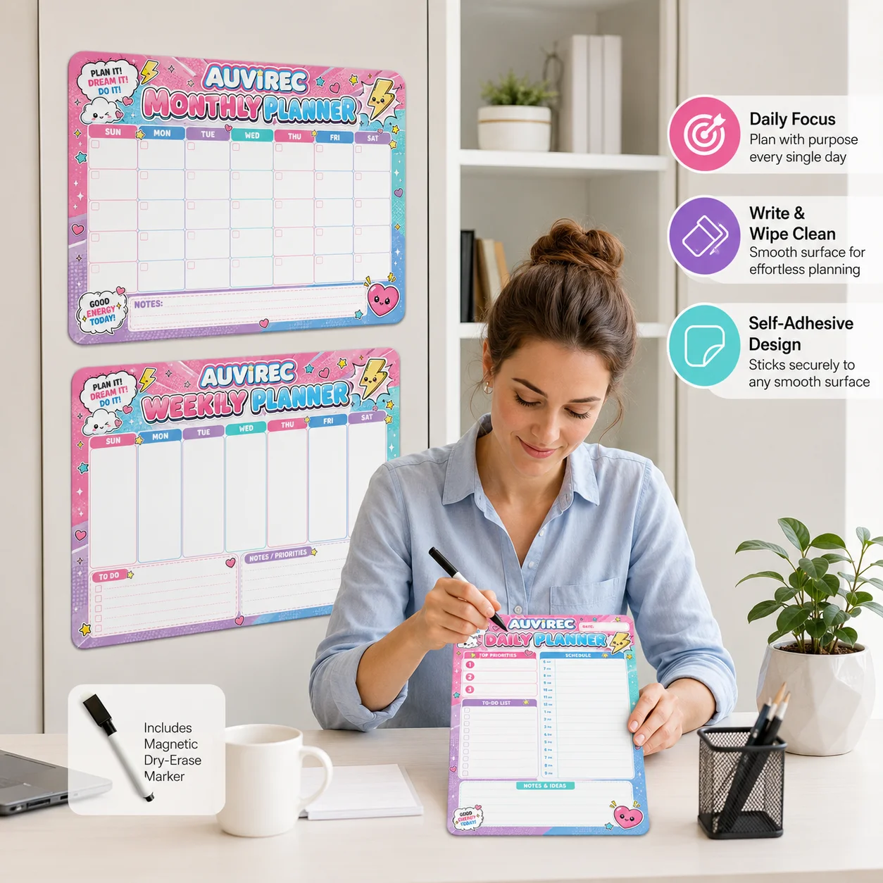 AUVIREC 3-Piece Adhesive Dry Erase Planner Set, Pastel Pink Blue Monthly Weekly Daily Office Calendar with Magnetic Marker
AUVIREC 3-Piece Adhesive Dry Erase Planner Set, Pastel Pink Blue Monthly Weekly Daily Office Calendar with Magnetic Marker