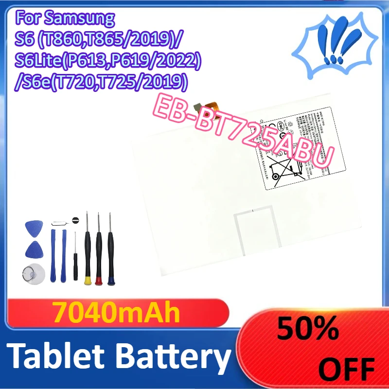 New EB-BT725ABU 7040mAh For SamsungS6 (T860,T865/2019)/S6 Lite(P613,P619/2022)/S6e(T720,T725/2019) Tablet Battery +Tools
New EB-BT725ABU 7040mAh For SamsungS6 (T860,T865/2019)/S6 Lite(P613,P619/2022)/S6e(T720,T725/2019) Tablet Battery +Tools