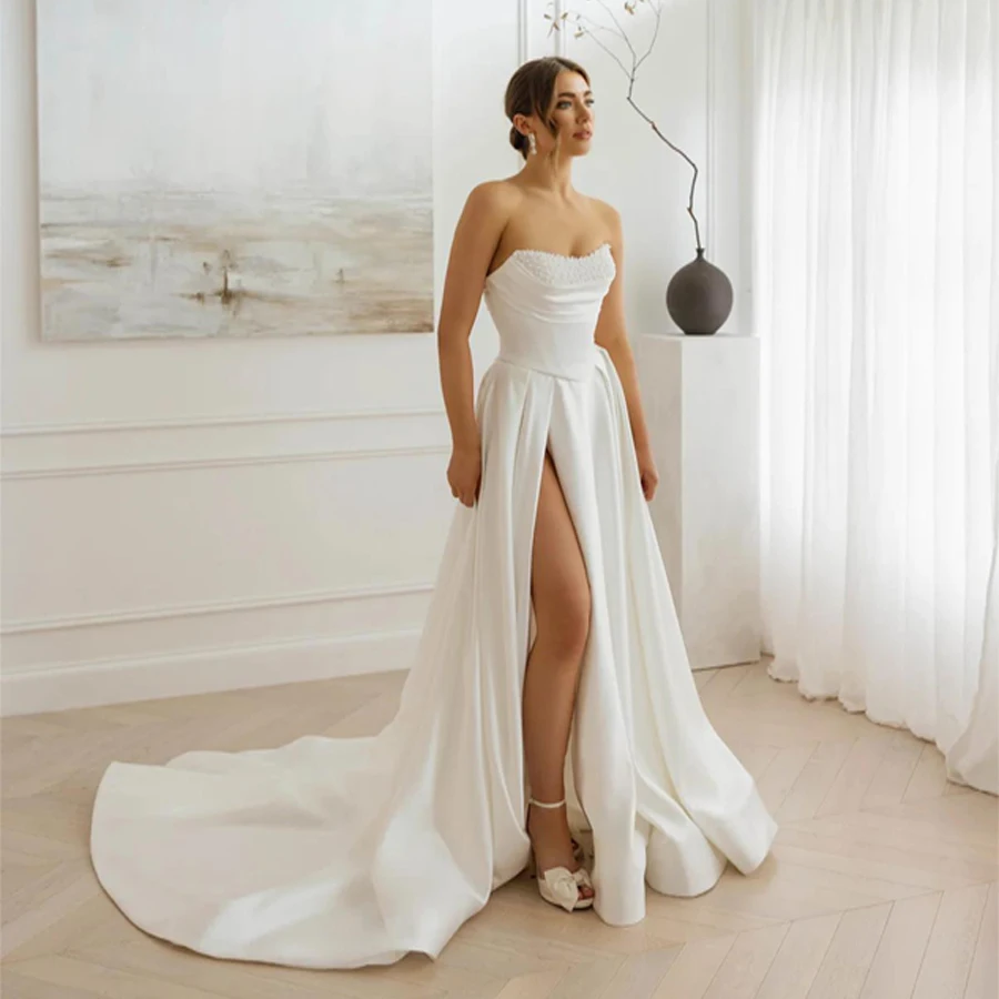 Customized Elegant Strapless With Peals A-Line Wedding Dresses Sexy Illusion Sleeveless Front Split Backless Zipper Bride Gowns
Customized Elegant Strapless With Peals A-Line Wedding Dresses Sexy Illusion Sleeveless Front Split Backless Zipper Bride Gowns