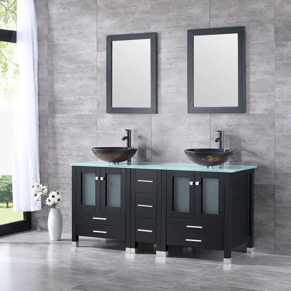 60 Double Wood Vanity Set with Round Tempered Glass Sinks, Chrome Faucets, and Soft-Close Storage for Shared Bathrooms
60 Double Wood Vanity Set with Round Tempered Glass Sinks, Chrome Faucets, and Soft-Close Storage for Shared Bathrooms