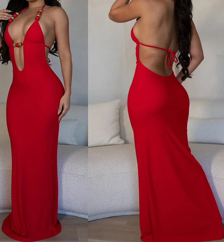 Dresses for Women 2025 Summer Sexy Temperament Halter Deep V-neck Beaded Slim Fit Backless Strap Long Party Evening Dress
Dresses for Women 2025 Summer Sexy Temperament Halter Deep V-neck Beaded Slim Fit Backless Strap Long Party Evening Dress