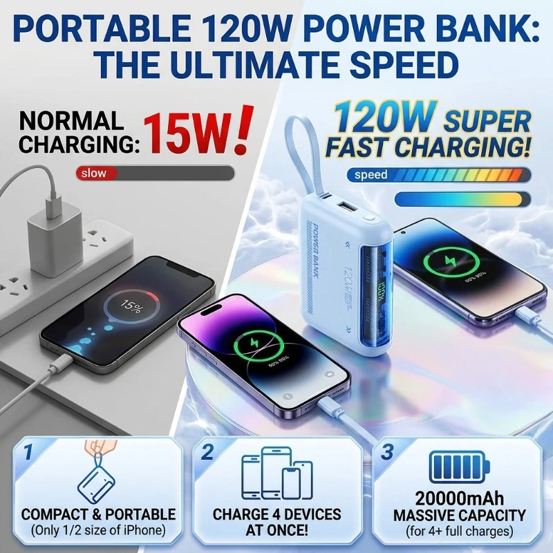 20000mAh Large Capacity Power Bank 120W Super Fast Charging Built-in Cable Portable Charger For All Smart Phones
20000mAh Large Capacity Power Bank 120W Super Fast Charging Built-in Cable Portable Charger For All Smart Phones