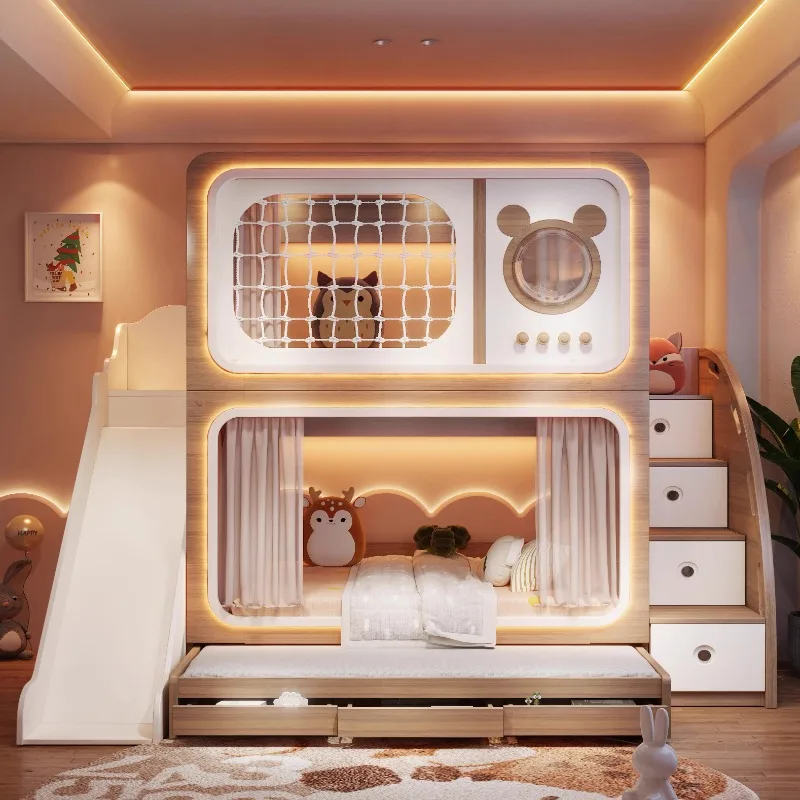 Children's beds are log color, with high guardrails, boys and girls treehouse beds.
Children's beds are log color, with high guardrails, boys and girls treehouse beds.
