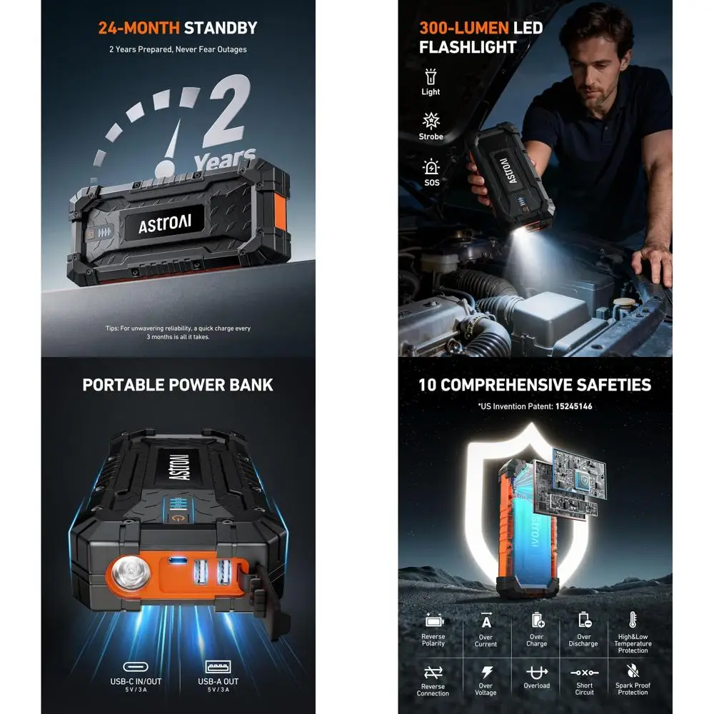 Автомобильный стартер S8 Ultra 4000A, Jump Box до всех газовых двигателей и дизельных двигателей 12 л, портативный блок питания 12 В с портами USB/Type-C, 3 м
Автомобильный стартер S8 Ultra 4000A, Jump Box до всех газовых двигателей и дизельных двигателей 12 л, портативный блок питания 12 В с портами USB/Type-C, 3 м