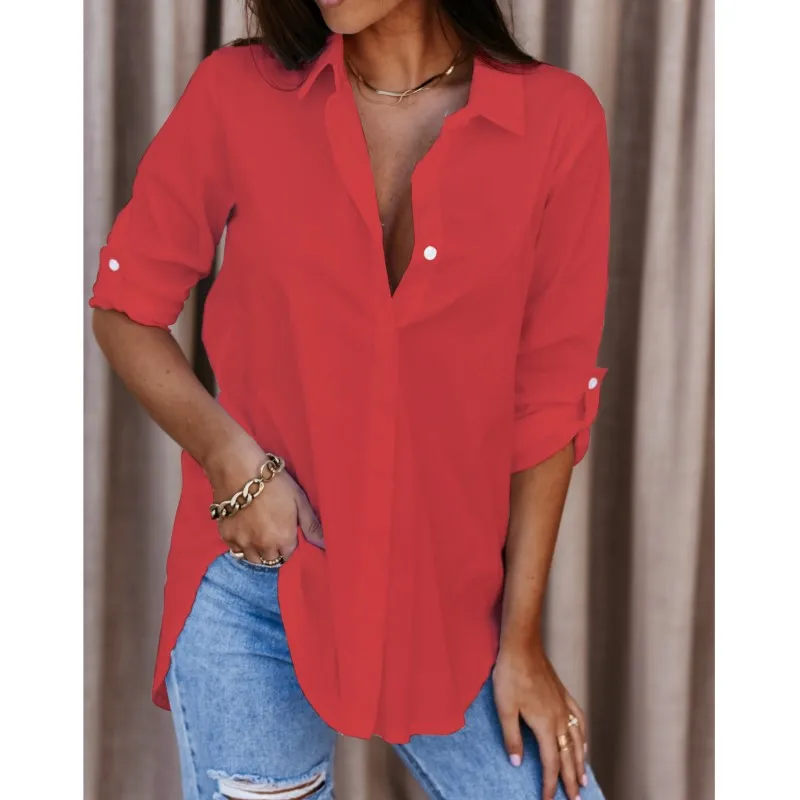 2025 spring and summer women's simple long sleeved V-neck button down shirt casual loose solid color thin shirt for women
2025 spring and summer women's simple long sleeved V-neck button down shirt casual loose solid color thin shirt for women