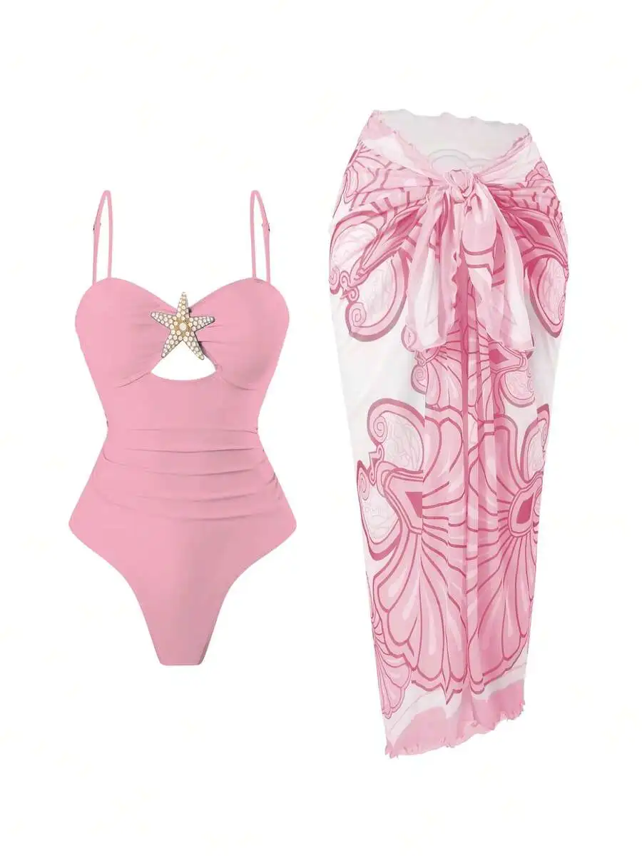 Pink One-Piece Swimsuit Featuring Starfish Embellishment, Ruched Waist, Cut-Out Detail, Paired With Floral Print Tie-Up
Pink One-Piece Swimsuit Featuring Starfish Embellishment, Ruched Waist, Cut-Out Detail, Paired With Floral Print Tie-Up